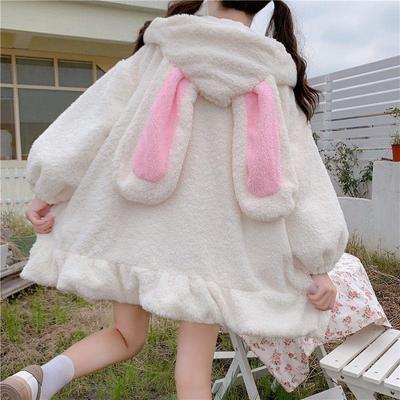 Zip Up Kawaii Hoodies Damen Winter Übergroßes warmes Sweatshirt Hasenohren süß