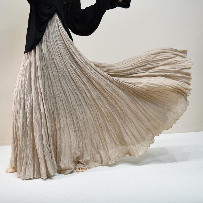 Pleated Cotton Linen Textured Midi Skirt, Women's Spring/Summer 20256 Collection, Large Hem, Floor-Length, Simple Design.