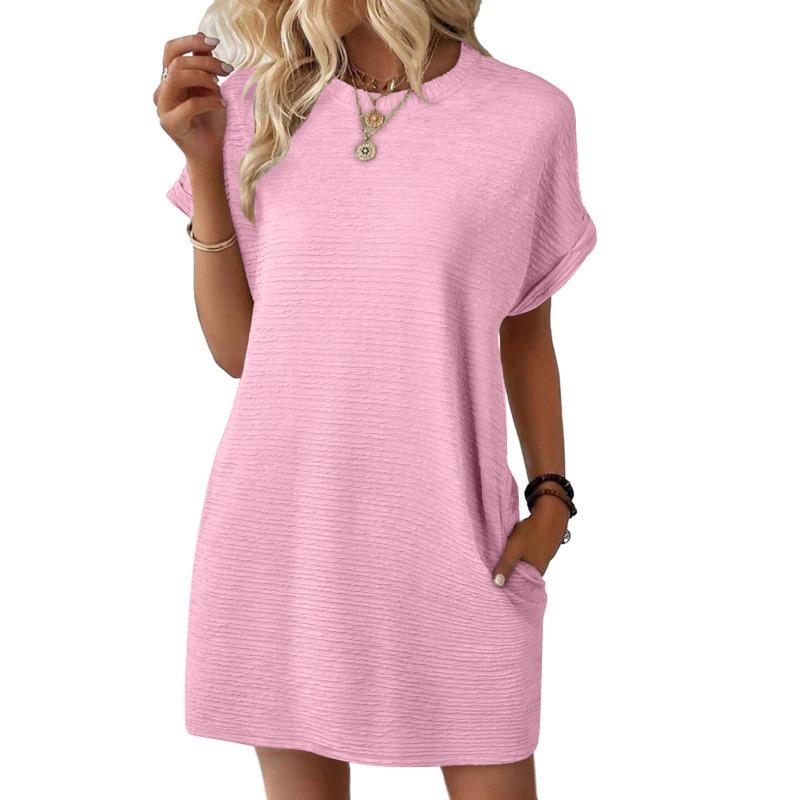 Women's spring and summer new solid color round neck loose short-sleeved pocket dress