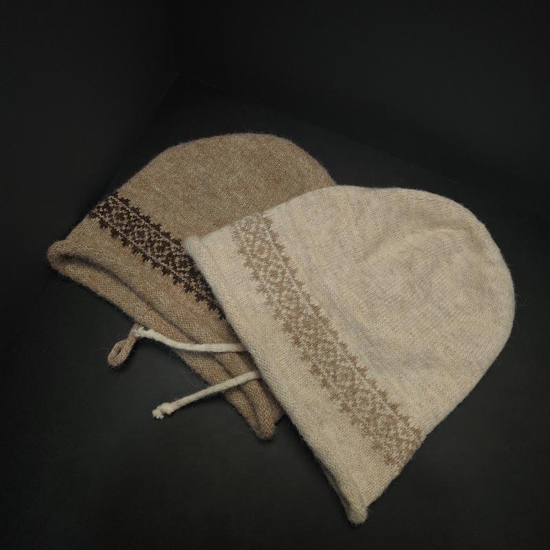 Retro Drawstring Stacking Hat Women's Fashion Autumn and Winter New Big Head Circumference Wool Hat Simple Warm Jacquard Knitted Hat