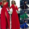 Damen Tiefer V-Ausschnitt Langarm Schlitz Ballkleid Kleid Elegant Brautjungfer Abend Maxi Kleid