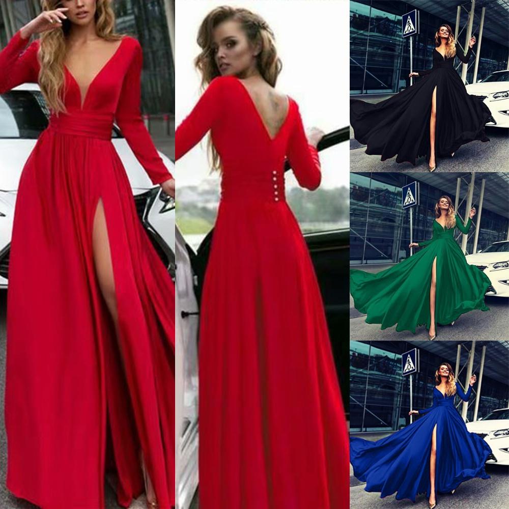 Women Deep V Neck Long Sleeve Slit Prom Gown Dress Elegant Bridesmaid Evening Maxi Dress