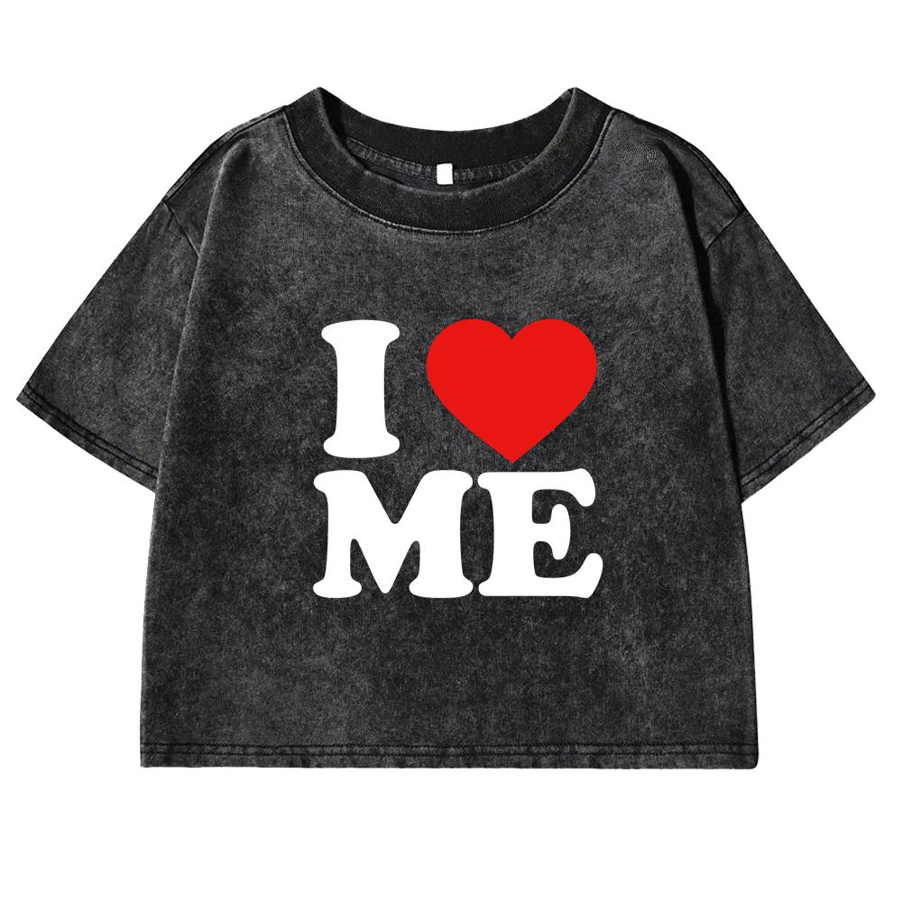 I Love You Red Heart Printing Retro Tee Shirt Women Washed Short Sleeve Cotton Street Clothing All-Match T Shirts