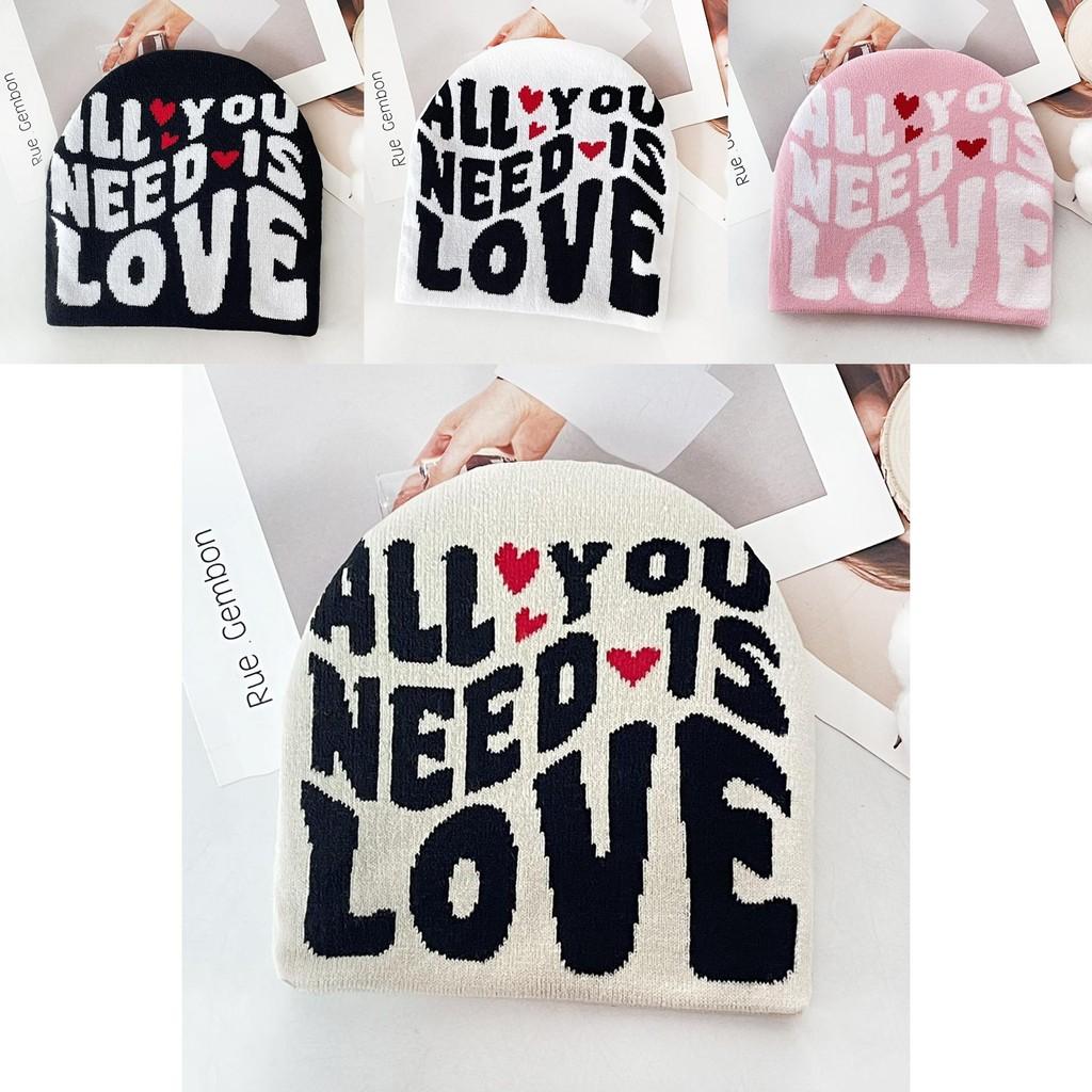 Simple Color Blocked Letter Heart Pattern Women Casual Warm Knitted Hat For Urban Outdoor Use
