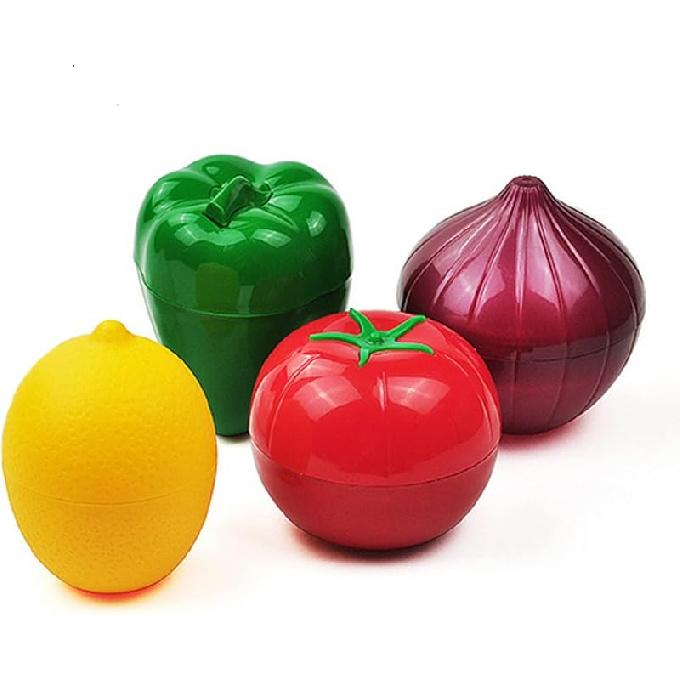 MIAO JIN 4 PCS Fruit and Vegetable Shaped Food Saver Storage Containers Holder Refrigerator Vegetable Crisper(Onion, tomato, lemon, green pepper) Onion, tomato, lemon, gre