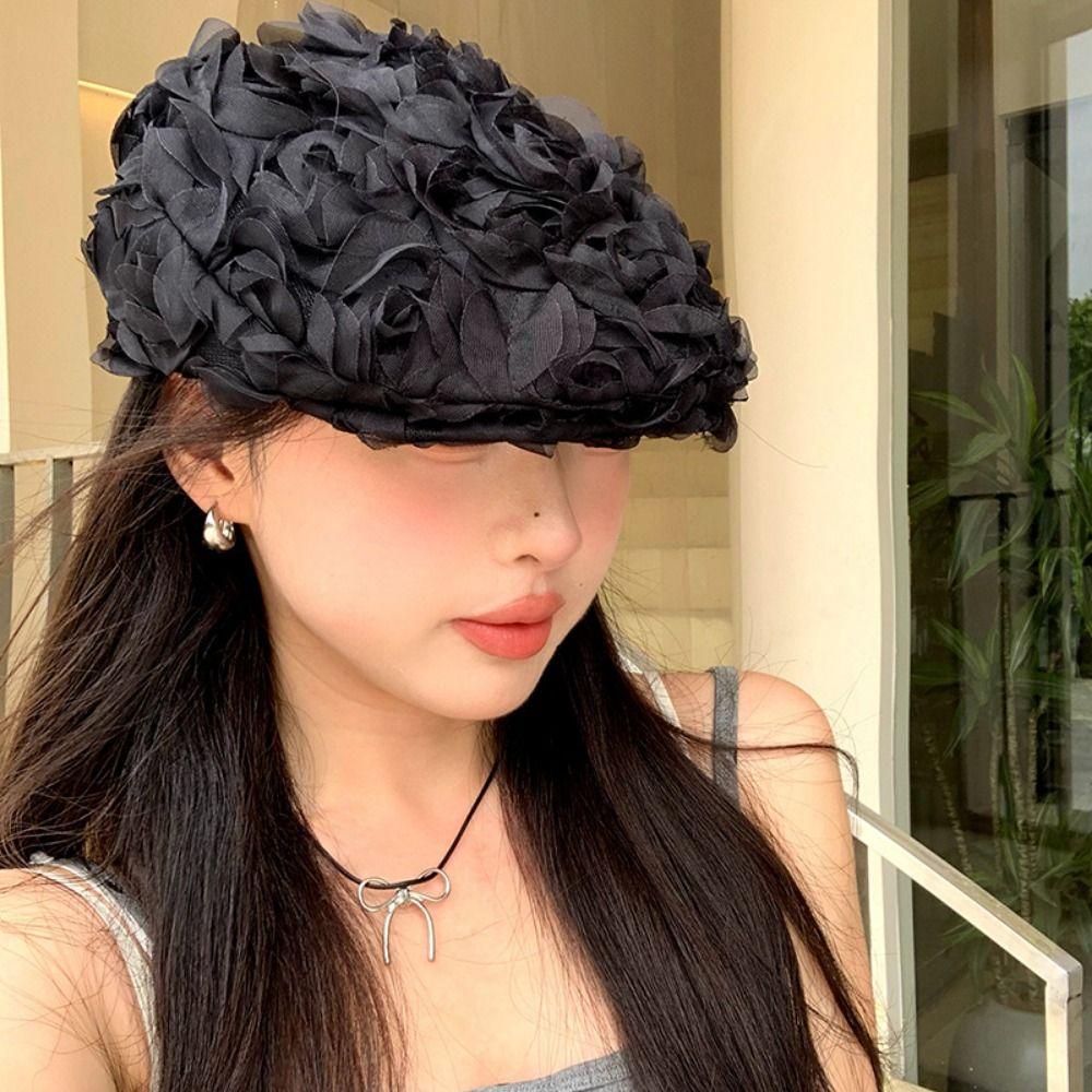 Retro Thin Beanies Hat Korean Painter Artist Cap New Rose Flower Beret Hats