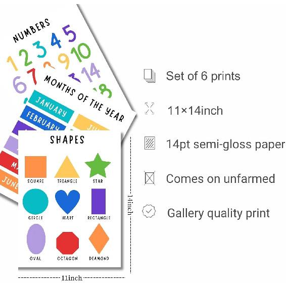 6 Learning Posters for Toddlers & Kids – 11"×14 "Alphabet, Numbers, Colours, Shapes, Days of the Week & Months – Educational Wall Charts for