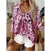 Khaki Leopard Print Deep V-neck Twill 3/4 Sleeve Shirt