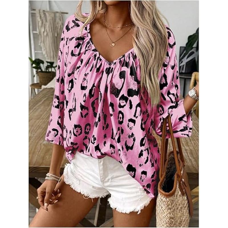 Khaki Leopard Print Deep V-neck Twill 3/4 Sleeve Shirt