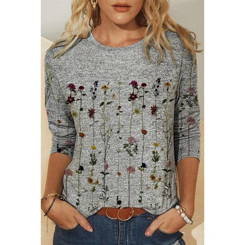 Spring and Autumn Round Neck 3D Flower Pattern Printed Top Fashionable Casual Elegant Long Sleeved Women's T-shirts