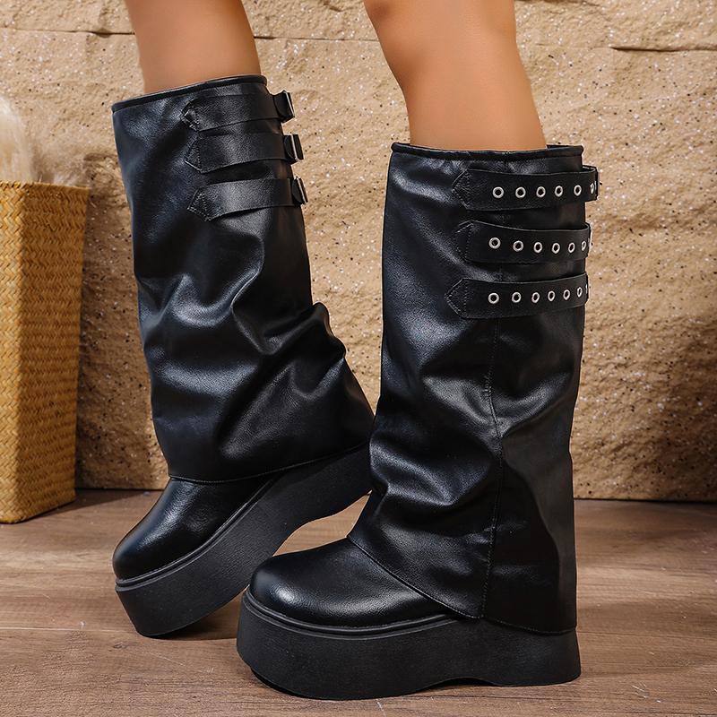 Fashion Women's Gothic Platform Knee High Boots Black PU Leather Chunky Long Boots Woman Punk Style Thick Bottom Winter Botas Mujer 2025