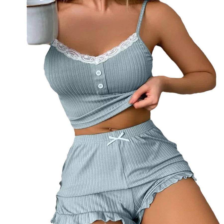 European & American Sexy Lace Pajama Set - Casual Summer Camisole with Ruffle Shorts