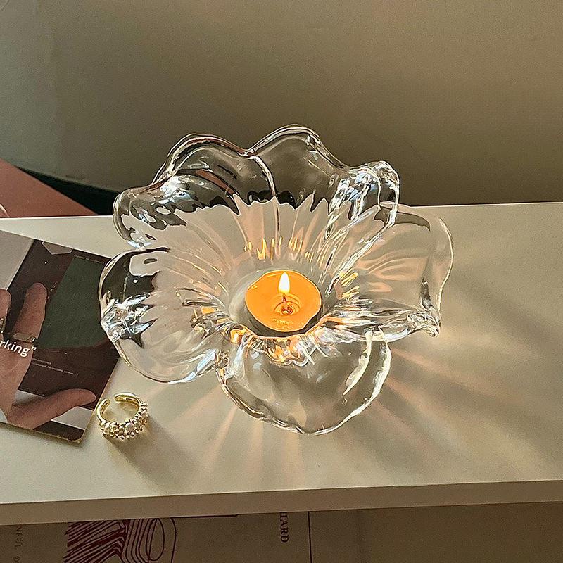 Elegant Glass Flower shaped Candle Holder Tabletop Decor Handmade Floral Decor Elegant Glass Candle Holder Decor Holiday Gift