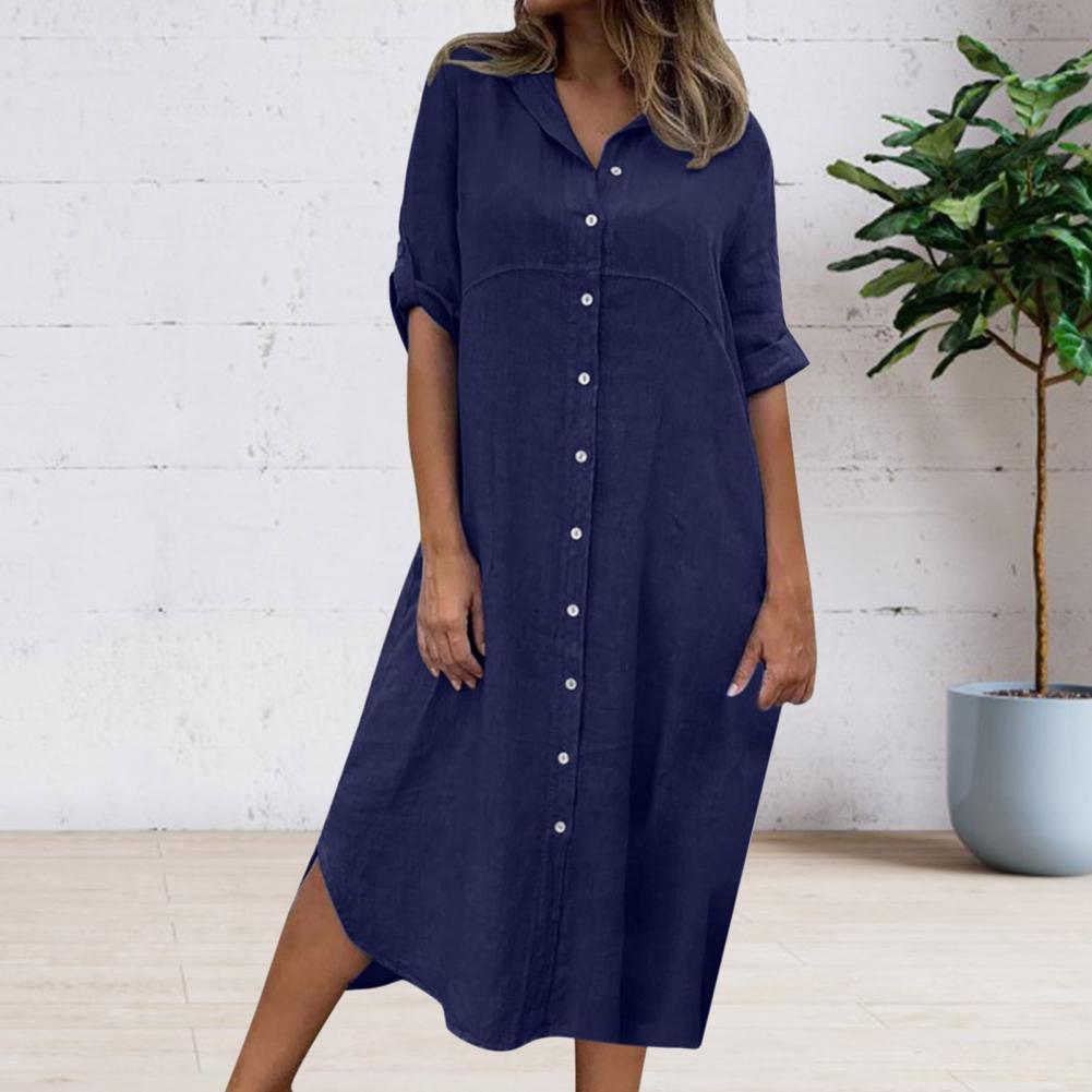 Summer Women Dress SIngle-breasted Half Sleeves Turn-down Collar Loose Solid Color Buttons Commute Daily Wear Midi Dress