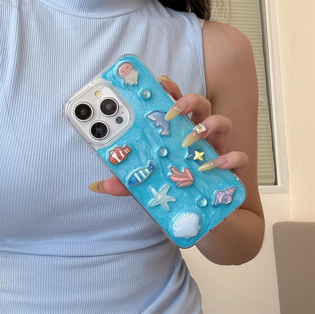 3D Ocean Theme Phone Case for iPhone 12-17 Series — Cute Dolphin, Fish, Jellyfish & Coral Design