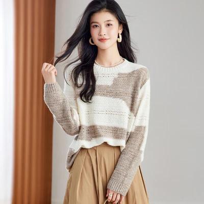 Women's Striped Hollow-out Wool Blend Sweater