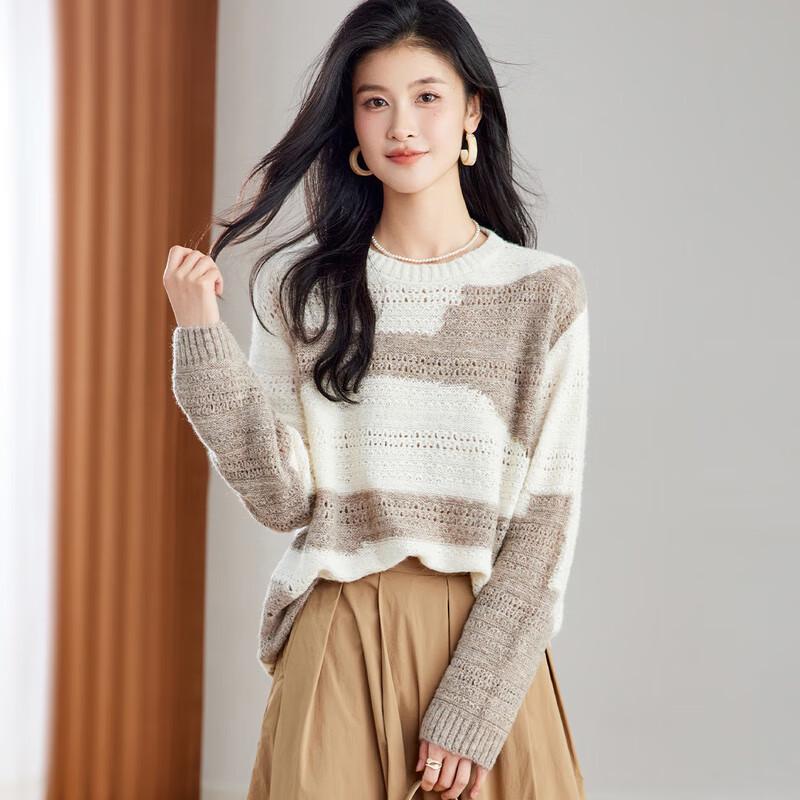 

Women s Striped Hollow-out Wool Blend Sweater XL