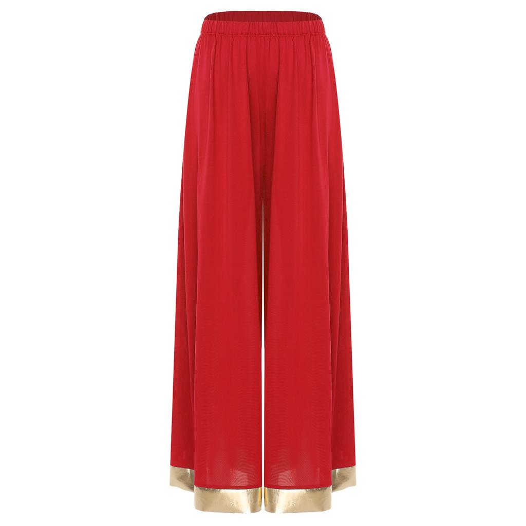 Womens Worship Praise Dance Pants Elastic Waist Metallic Shiny Trim Wide Leg Pants Loose Trousers