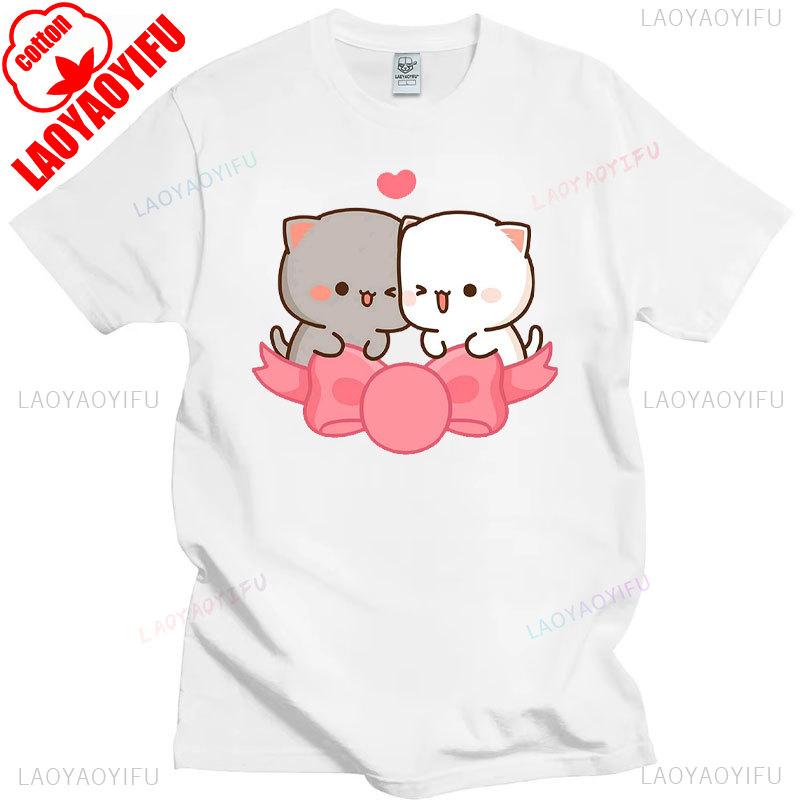 Pfirsich Katze Goma und Mochi Selfie T-Shirt Sommer Baumwolle Kurzarm T-Shirts Niedlicher Druck T-Shirt Mode Harajuku Lustige Partner Tops