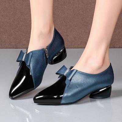 Mix Color Thick Heels Pumps Women Fashion Crystal Bowknot Party Shoes Woman Patchwork Pointed Toe Med Heels Pumps