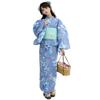 RAVIR Yukata with Watercolor Blue Fluffy Obi and Geta One Size Fits All Women's 3-Piece Set, Gray, Flowers, Belt, Sandals, Blue,