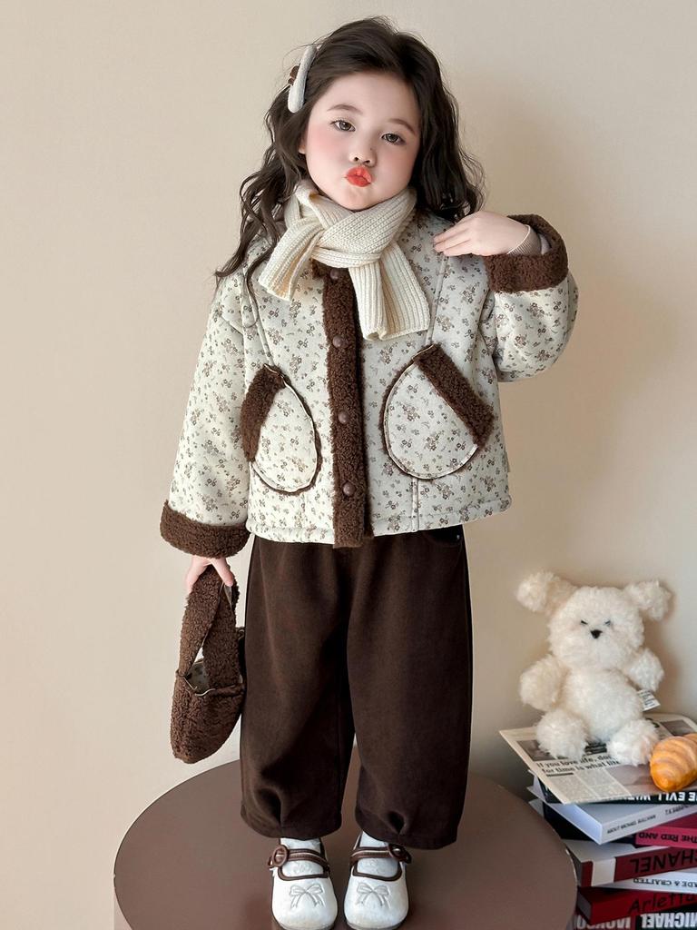 Girls' Fleece-Lined Fur Coat and Pants Set - Autumn/Winter Fashionable One-Piece Sweater Coat.
