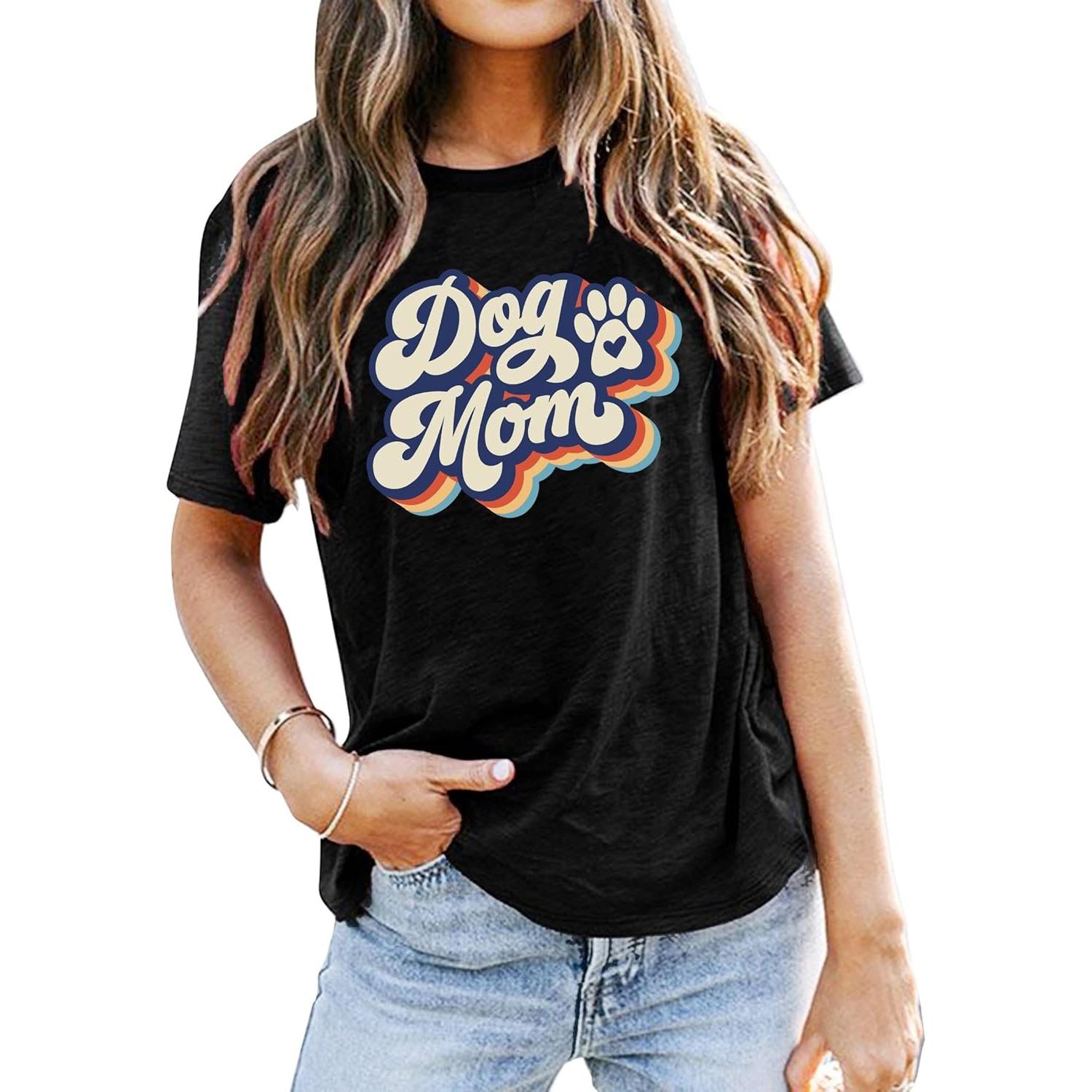 Dog Mom Shirt Women Funny Leopard Print Mama T-Shirt Cute Graphic Tee Lover Letter Print Short Sleeve Tops S чёрный