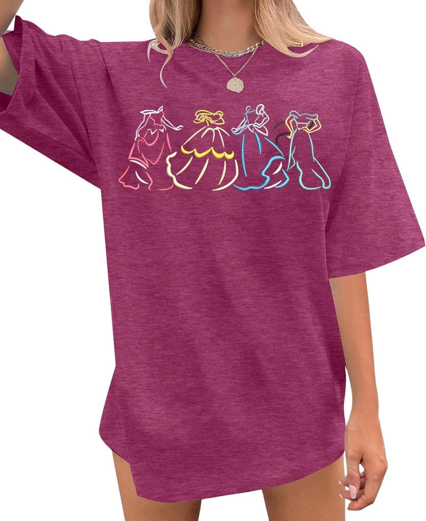Magical Shirt for Women Embroidered Princess Shirts Oversized Family Vacation T-Shirt Casual Holiday Tops