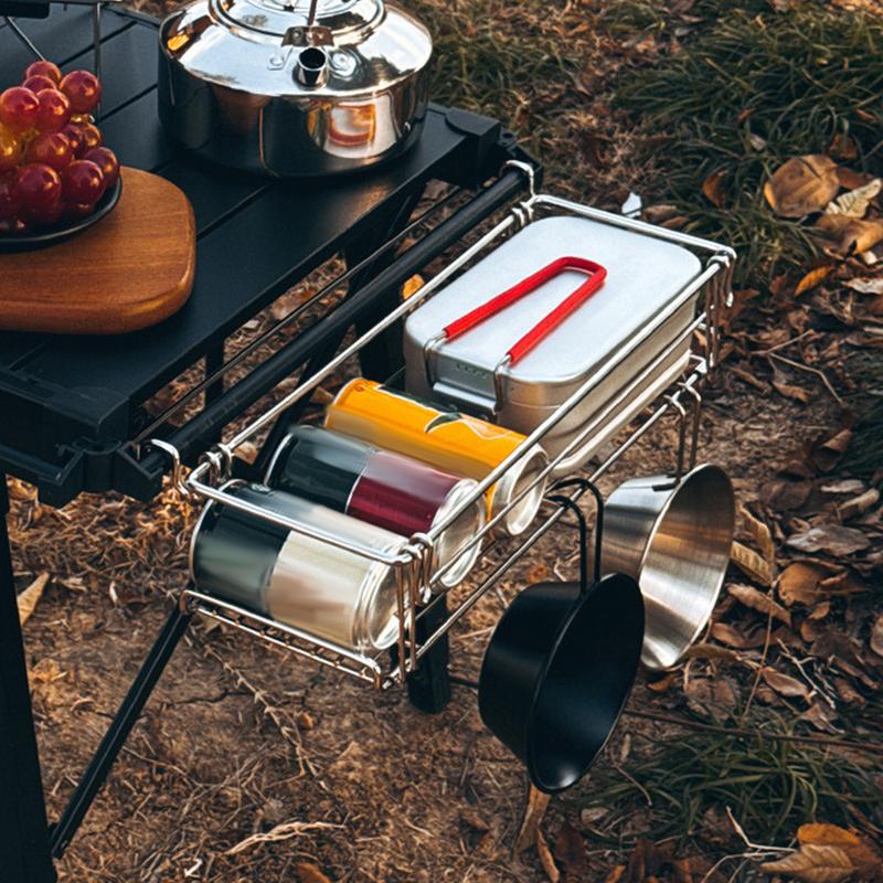 Foldable Basket Table Side Rack Stainless Steel Storage Rack Portable Organizer For Beach Backyard BBQ