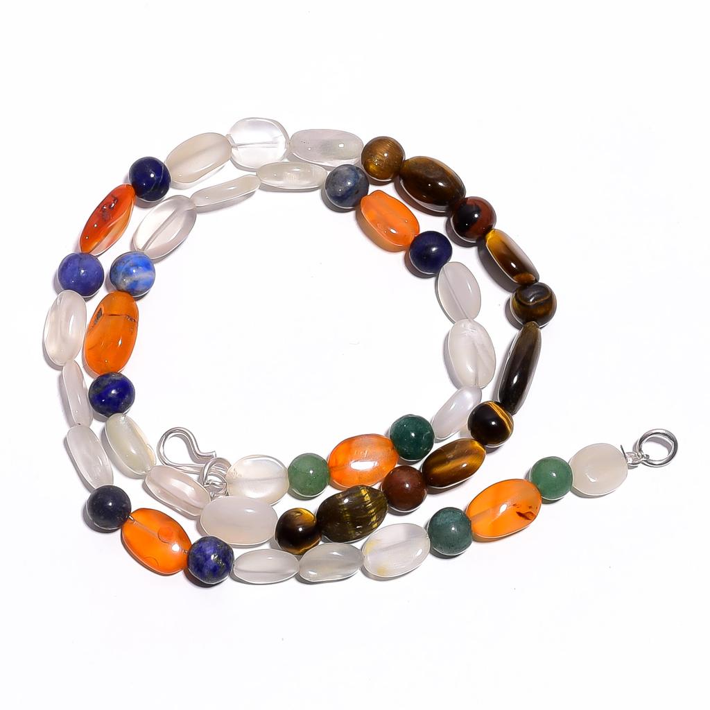 Natural Tiger Eye Carnelian Moonstone Gemstone Smooth Beads Necklace 17" UB-4648 UB-4648