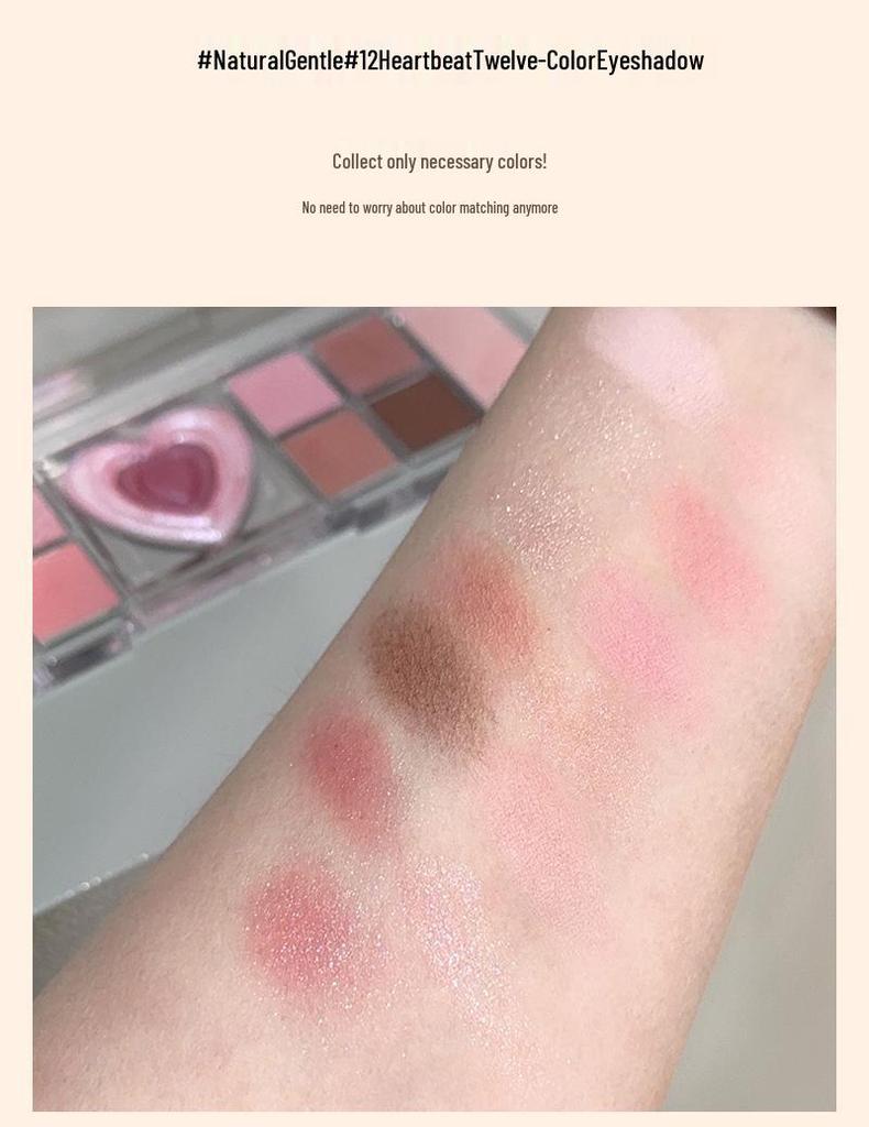Heartbeat Twelve-Color Heart-Shaped Eyeshadow Palette: Pearlescent, Fine Glitter, Matte, Blush, Highlighter for Enhanced Complexion.