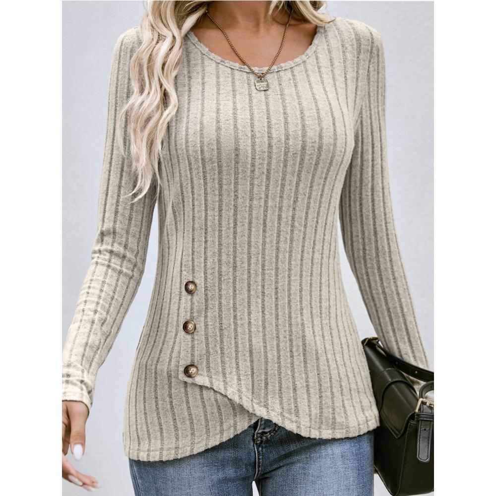 Women's Long-sleeved V-neck Top for Women's Buttons Asymmetric Knitted Base Shirt T-shirt for Women