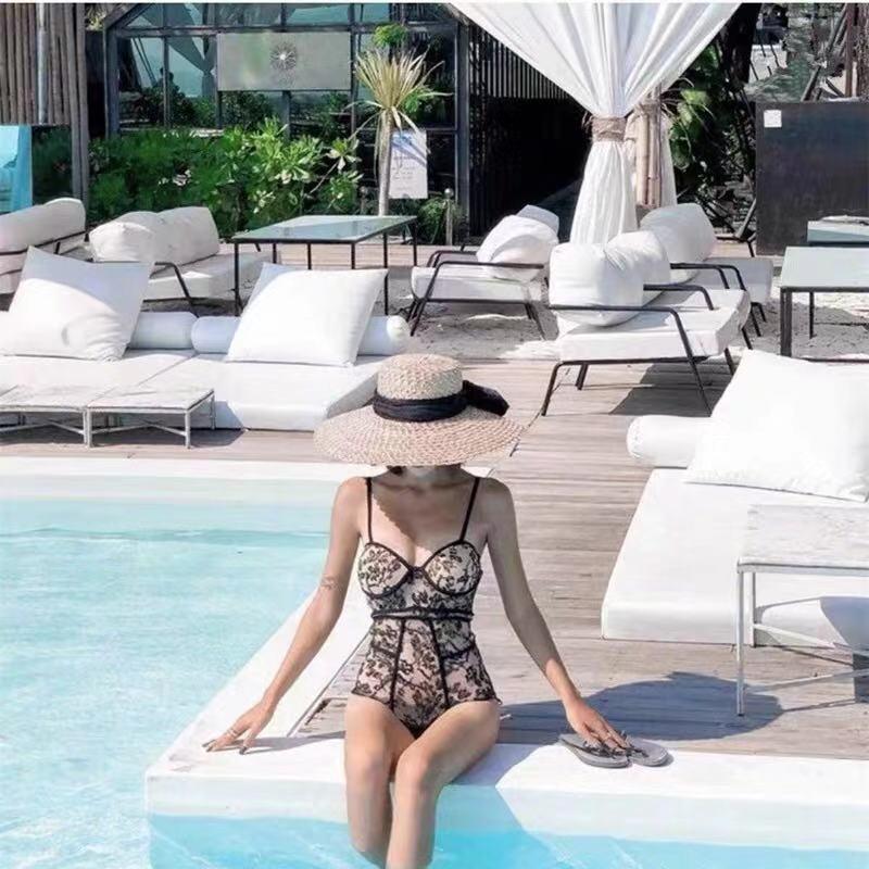 

Женский высококачественный прозрачный кружевной сетчатый купальник-бикини треугольной формы пуш-ап на косточках Large чёрный