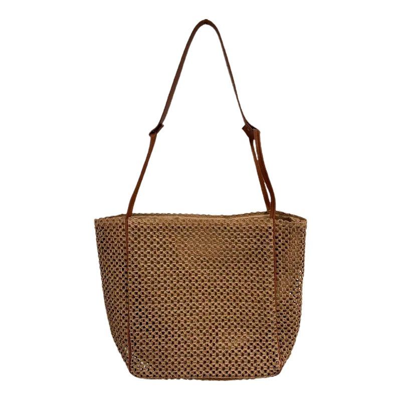 

New shoulder zipper straw bag versatile hollow woven bag large capacity tote bag holiday beach bag women welt zipper