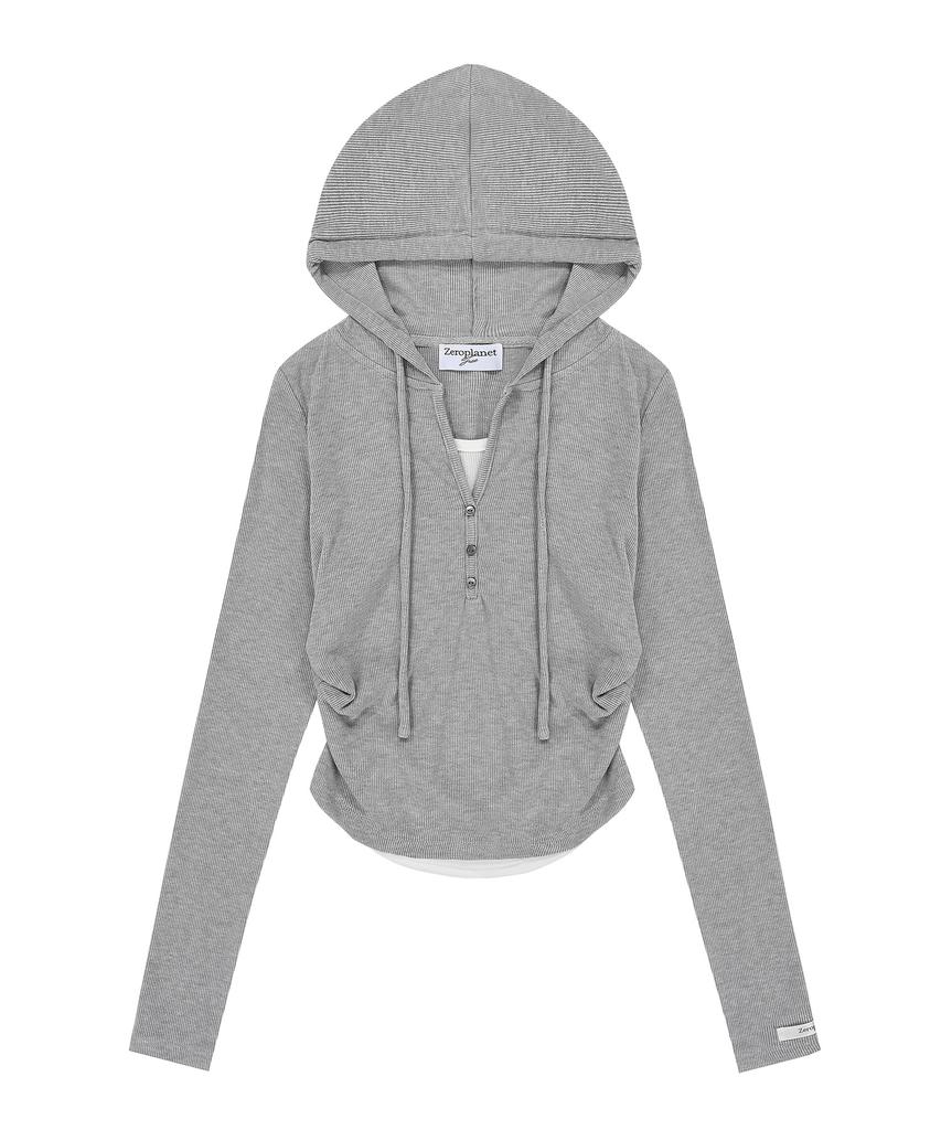 ZEROPLANET Eva Button Layered Knit Hoodie [Melange]