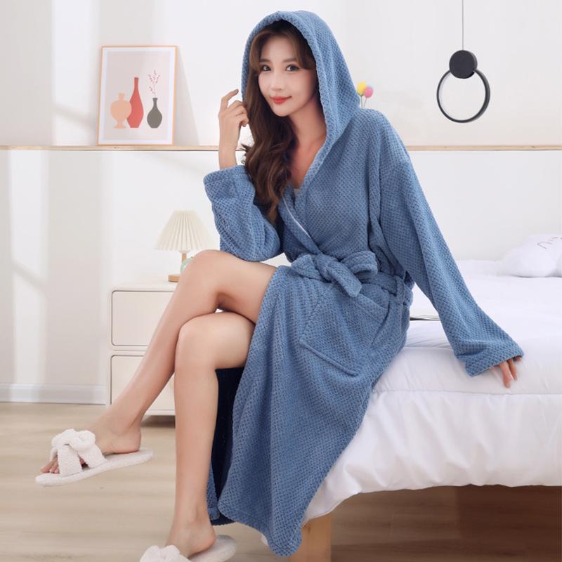 Four Seasons Merbau Hooded Coral Fleece Bathrobe: Thick, Wearable Bath Towel with Cross Tie and Long Sleeves.