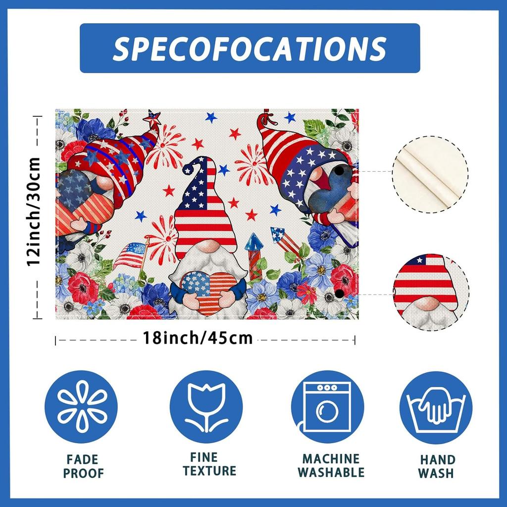 Gnomes Love Hearts Flowers America Stars 4th of July Placemats Set of 4 Table Mats Patriotic Memorial Day