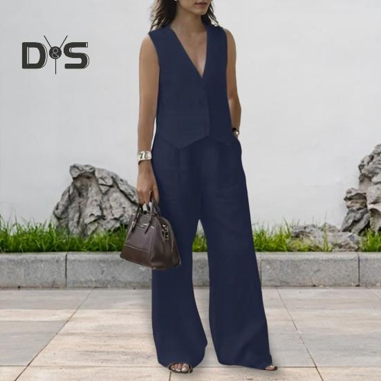2 Teile/satz Frauen Weste Hosen Anzug Tiefem V-ausschnitt Ärmelloses Einfarbig Top Hohe Taille Breite Bein Hosen Casual Outfit OL büro Sommer Kleidung