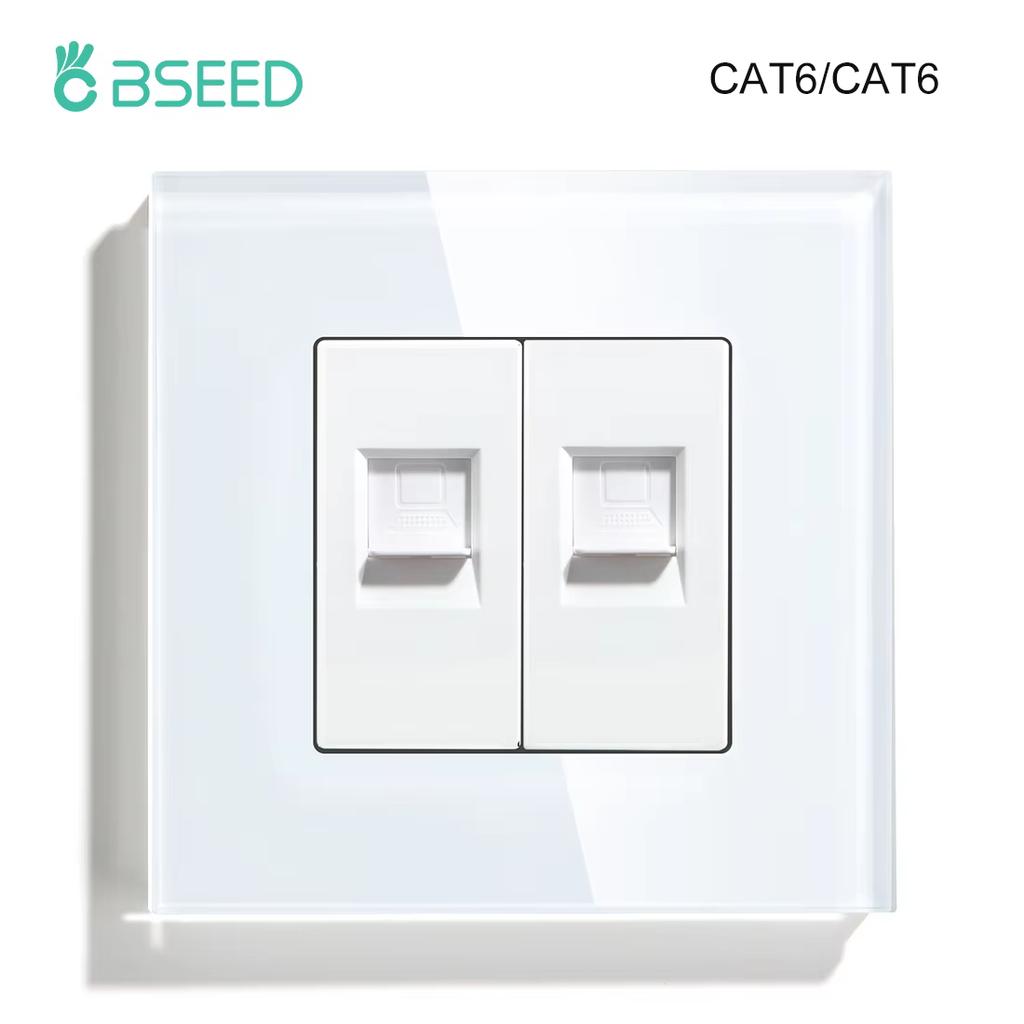 BSEED Dual Internet Sockets CAT6 Wall Socket EU Power Sockets Plus Network PC Data Computer Connecter Outlets Glass Panel