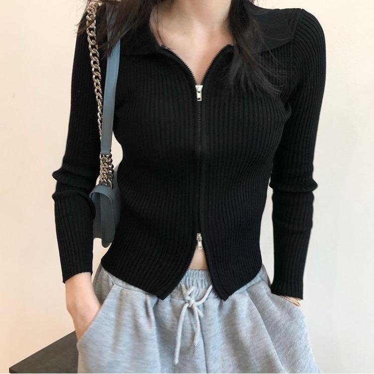 

Skinny Sexy Autumn Winter Cardigan Jacket Knit Zipper Double Navel Lapel Short Top Long Sleeve Solid Color Pit Strip Sweater OneSize