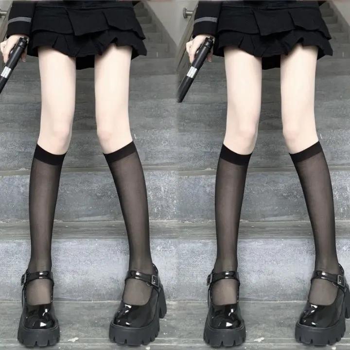 Lolita Summer Nylon Floral Lace Trim Calf Socks Ultra-Thin Transparent Sheer Knee High Socks Jk Girl Women Long Kawaii Stockings