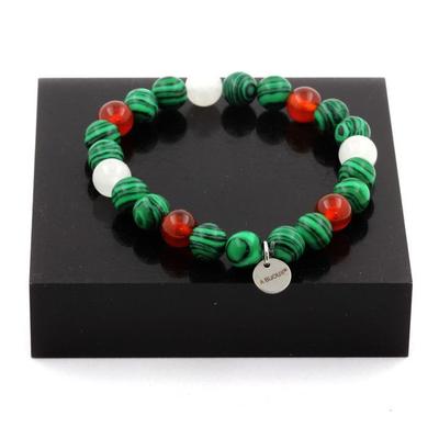 Stones and Minerals. Malachite + Red Agate + Moonstone 8 Mm Pearl Bracelet. Made In France.