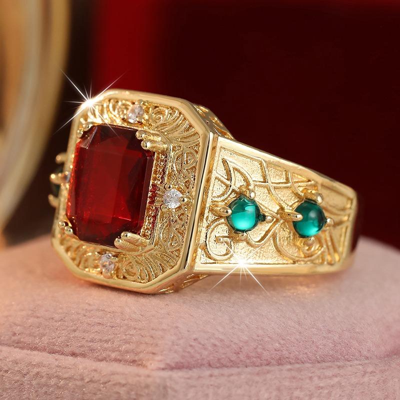 Vintage Inlaid White Green Red CZ Women's Ring Trendy Gold Color Geometry Daily Wear Party Jewelry Anniversary Gift