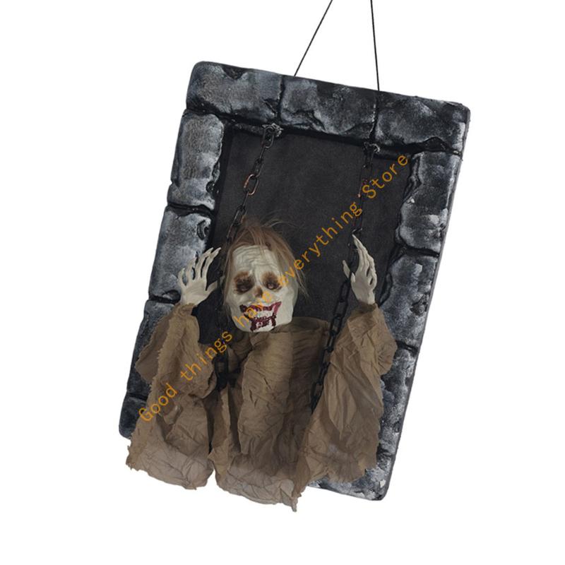 55KF Motion Activated Hanging Ghostly Gravestone Glowing Eyes Shaking Body And Eerie Sounds For Outdoor Horror Decorations