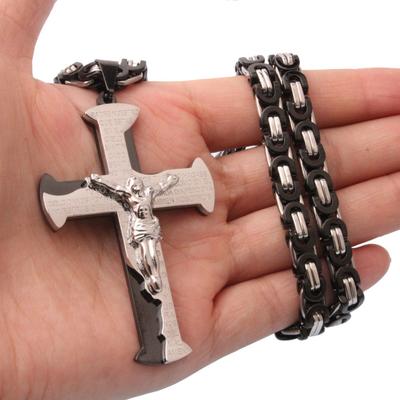 Oma-Chic 361L Edelstahl Silber Schwarz Farbe Jesus Kreuz Anhänger Halsketten 6mm Schwere Glieder Byzantinische Kette für Männer