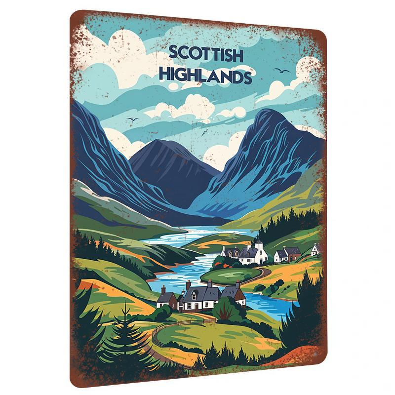 

Scottish Highlands Landscape Metal Wall Art Vintage Mountain Lake Rural Home Decor for Living Room 20x30cm（7.8x11.8inch）