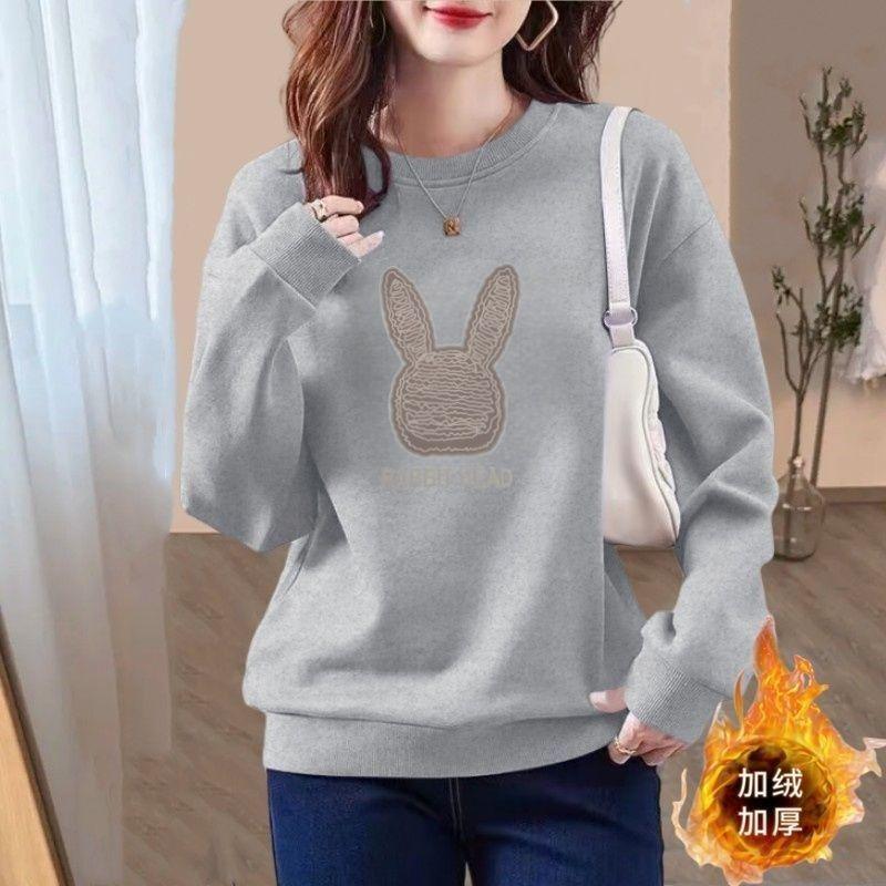 Women's Velvet Thickened Sweatshirt 2025 New Autumn and Winter New Round Neck Loose Bear Print Outer Top