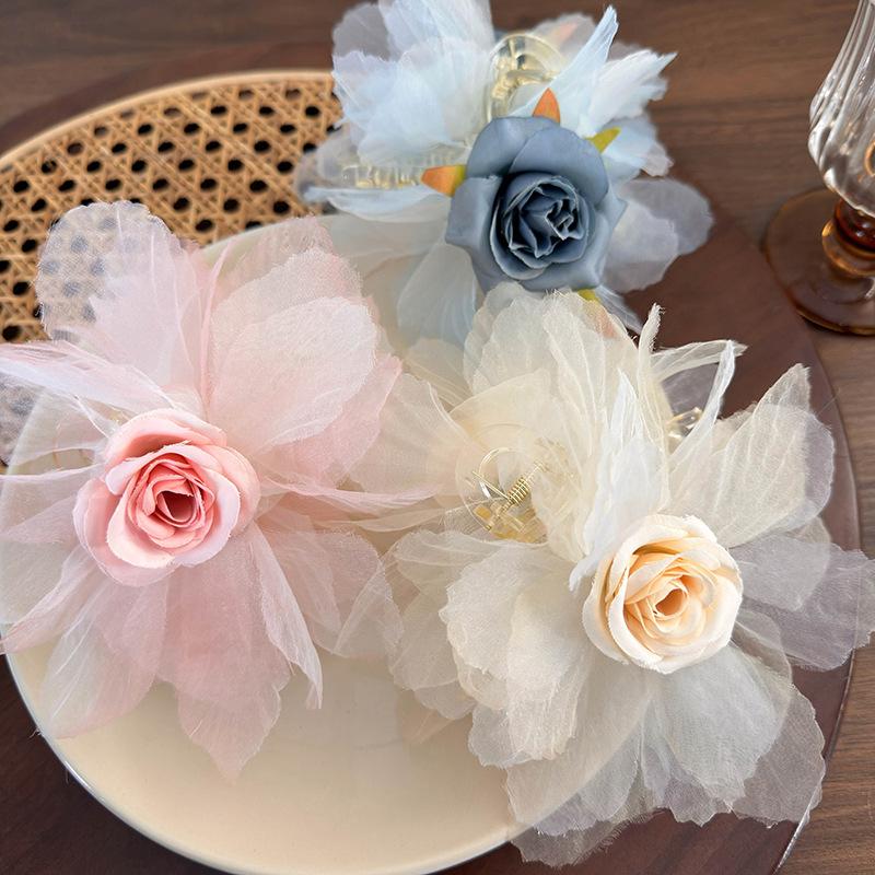 Super Fairy Flower Grab Clip New Mesh Rose Shark Clip Temperament Everything Hair Clip Headpiece