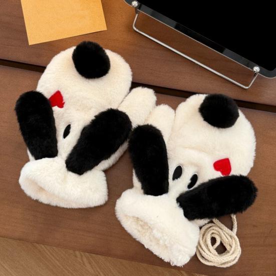 Cute Plush Dog Mittens Women Men Big Ear Dog Gloves Warm Fuzzy Animal Mittens for Winter Outdoor Street Daily Errands