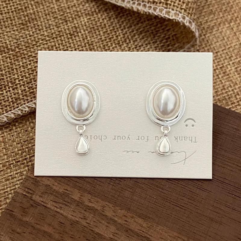 PONYKISS  Silver Geometric Oval Pearl Water Drop Stud Earrings for Women Trendy Fine  Minimalist Accessories